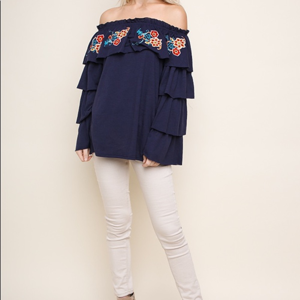 Umgee embroidered ruffle off shoulder top NWT